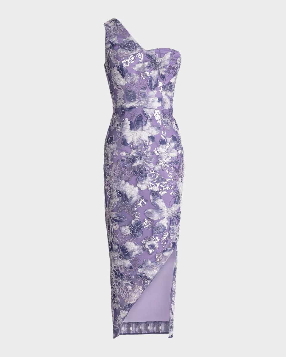 Magnolia One-Shoulder Bead & Sequin Midi Dress